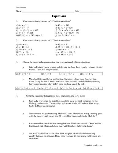 Worksheet: Equations & Word Problems (upper el/middle)