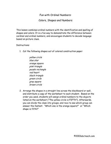 Worksheet: Ordinal Numbers, Shapes, Colors (primary)