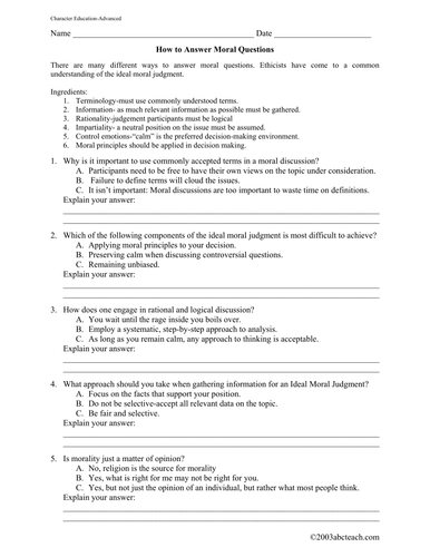 Worksheet: How to Answer Moral Questions (upper elem/middle)
