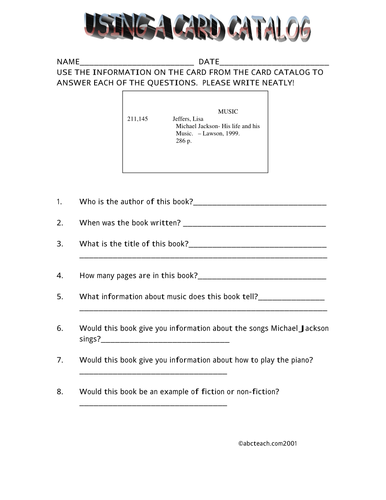 Worksheet: Card Catalog (elem/upper elem)