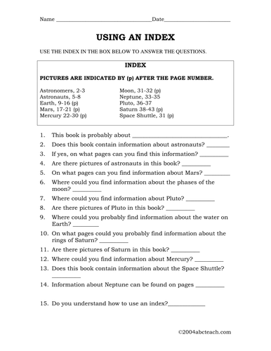 Worksheet: Using an Index (elem/ upper elem)