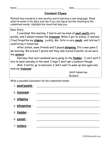 Worksheet: Context Clues (elem/upper elem)