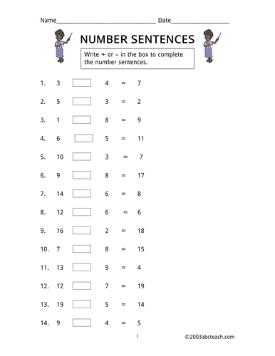 Worksheet: Number Sentences (primary)