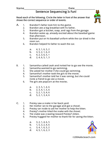 Worksheet: Sentence Sequencing 2 (elementary)
