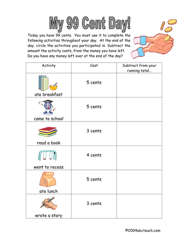 Worksheet: My 99 Cent Day (elementary)