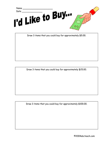 Worksheet: Money - I'd Like to Buy...(elem/upper elem)