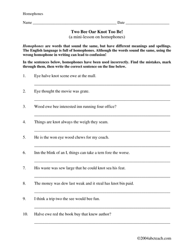 Worksheets: Homophones (elem/upper elem)