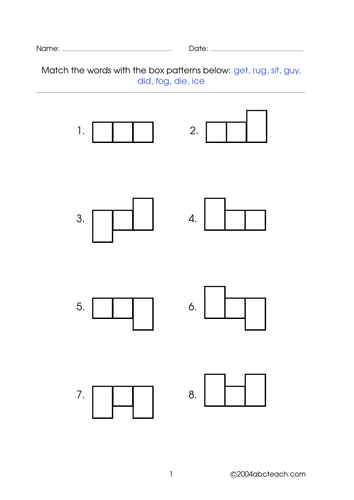 Worksheet: Word Shapes - 3 letter words (set 7)