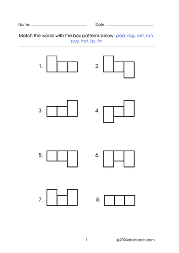 Worksheet: Word Shapes - 3 letter words (set 9)