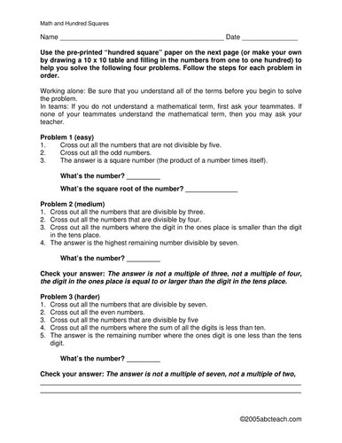 Worksheet: Hundred Square Board problems