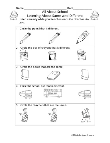 Worksheet: Same/ Different School Nouns (pre-K)