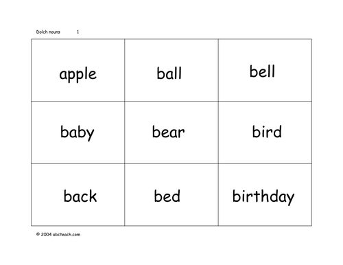 Flashcards: Sight Words- Nouns (without pictures)