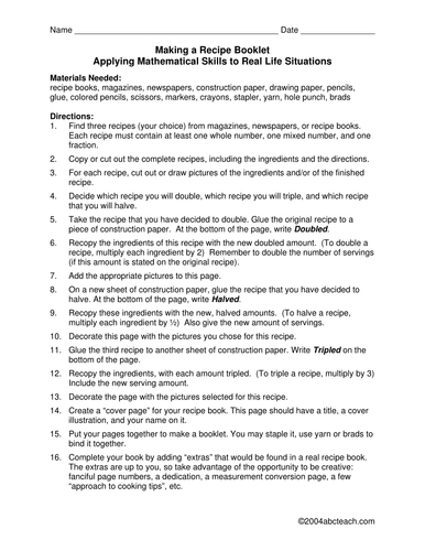 Worksheet: Fractions in a Recipe (elem/upper elem)