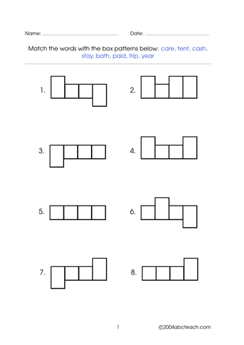 Worksheet: Word Shapes - 4 letter words (set 6)