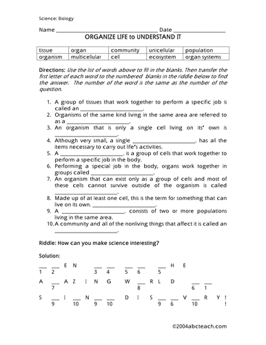 Worksheet: Organize Life (upper elem/middle)