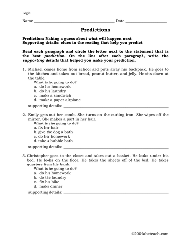 Worksheets: Predicting Outcomes (elem/upper elem) by abcteach