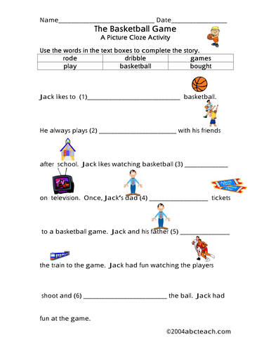 Worksheet: Picture Cloze - Basketball (elem)