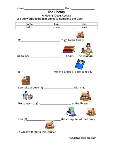 Worksheet: Picture Cloze - The Library (elementary)