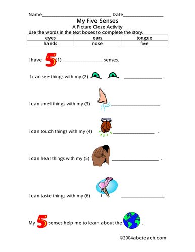 Worksheet: Picture Cloze - The Five Senses (primary)