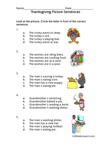 Worksheet: Picture Sentences - Thanksgiving (primary)