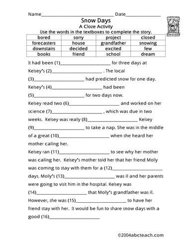 Worksheet: Cloze - Snow Days (elem)