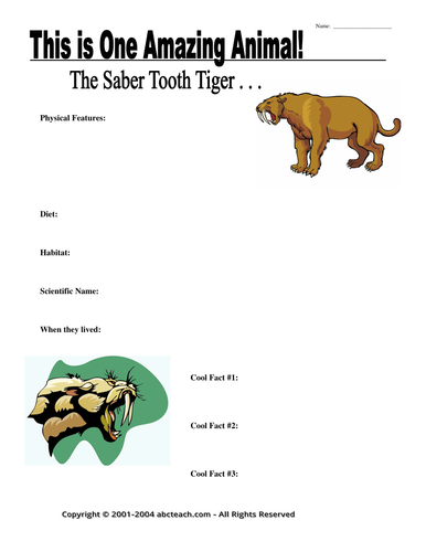 Worksheets: The Sabertooth Tiger (primary/elementary)