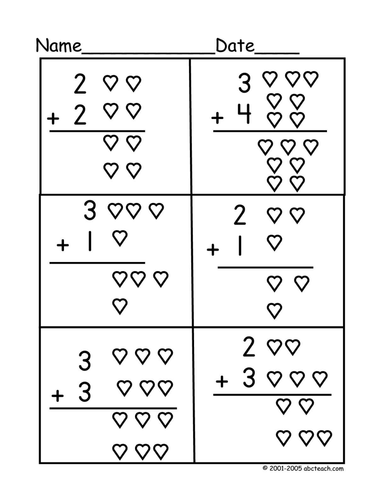 Worksheet: Basic Addition - hearts (primary)