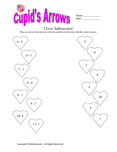Worksheet: Cupid's Arrow - Subtraction (primary)