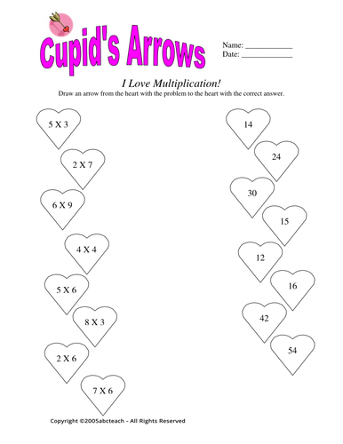 Worksheet: Multiplication - Cupid's Arrow (primary/elem)