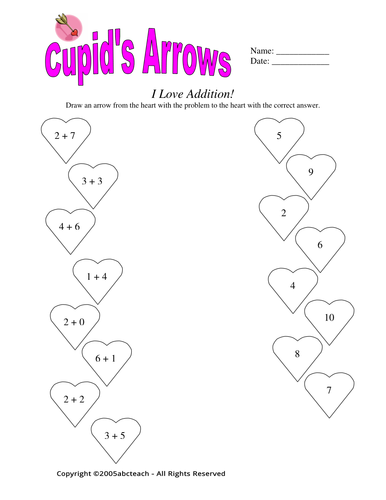 Worksheet: Cupid's Arrow - Addition (primary)