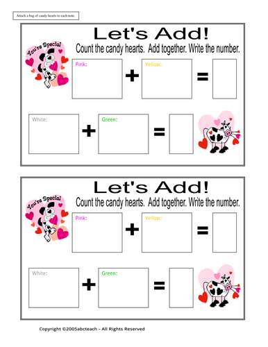 Worksheet: Addition - Candy Hearts (primary)