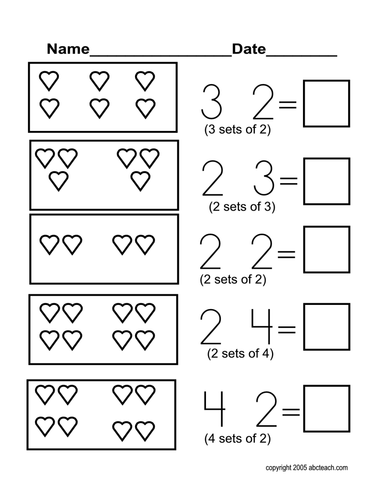 Worksheet: Hearts - Beginning Multiplication (primary)