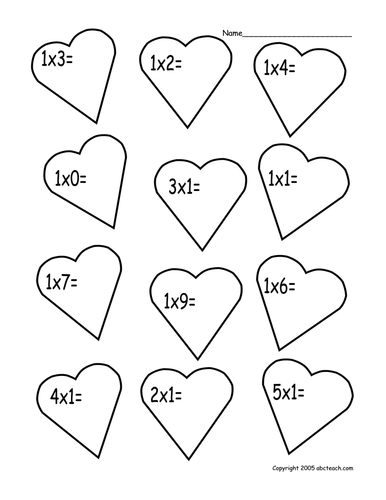 Worksheet: Multiplication  Facts - Hearts (primary)