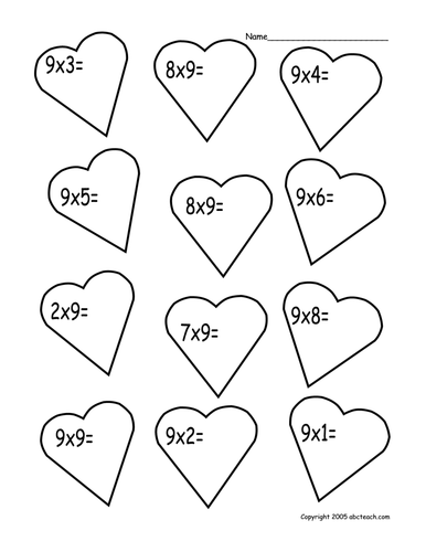 Worksheet: Multiplication  Facts - Hearts (elementary)
