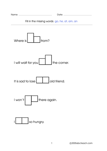 Worksheet: Word Shapes - 2 letter words (set 1)