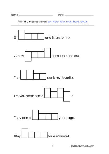 Worksheet: Word Shapes - 4 letter words (set 9)