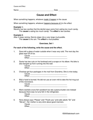 Worksheets: Causes and Effects (elem/ upper elementary)