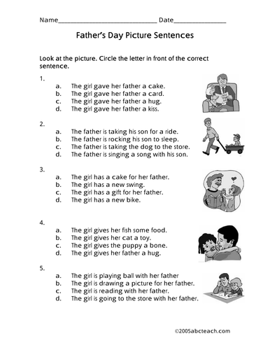 Worksheet: Picture Sentences - Father's Day (primary) -b/w