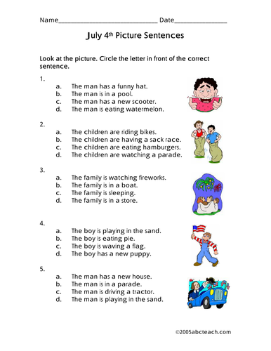 Worksheet: Picture Sentences - Independence Day (primary)