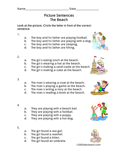 Worksheet: Picture Sentences - Beach (primary)