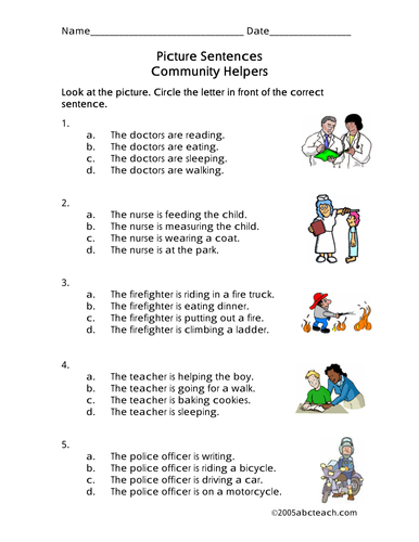Worksheet: Picture Sentences - Community Helpers (primary)