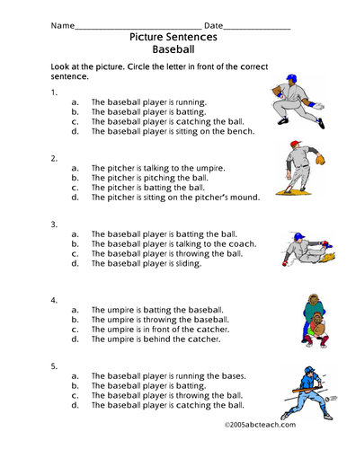 Worksheet: Picture Sentences - Baseball (primary)