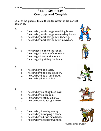 Worksheet: Picture Sentences - Cowboys and Cowgirls
