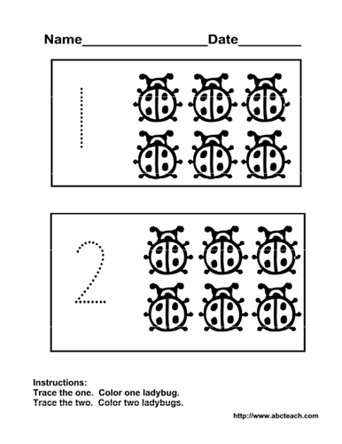 Worksheet: Dotted Numerals 1, 2 (pre-k)