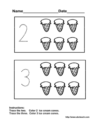 Worksheet: Dotted Numerals 2, 3 (pre-k)