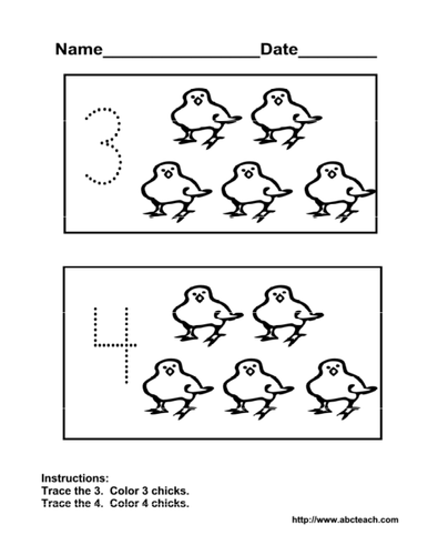 Worksheet: Dotted Numerals 3, 4 (pre-k)