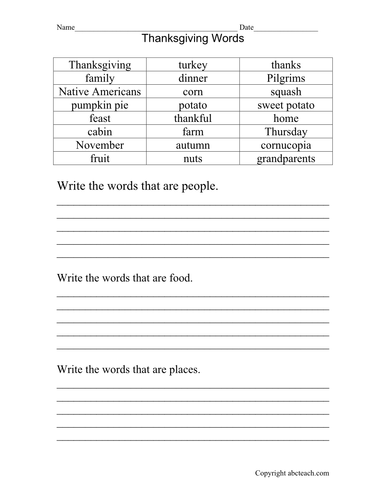 Worksheet: Know Your Thanksgiving Nouns (elementary)