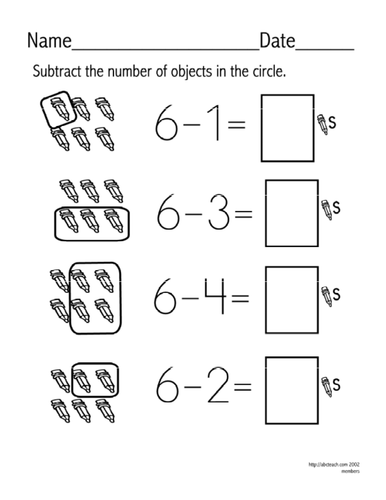 Worksheet: Subtraction - facts up to 5 (set 6)