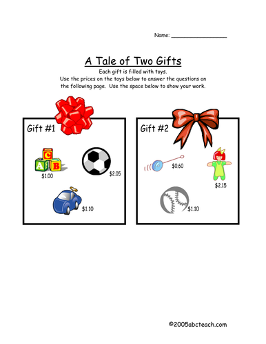 Worksheet: Christmas Math - Two Gifts (elementary)