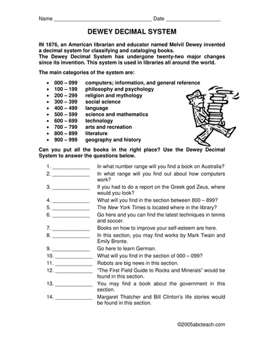 Worksheet: Dewey Decimal System